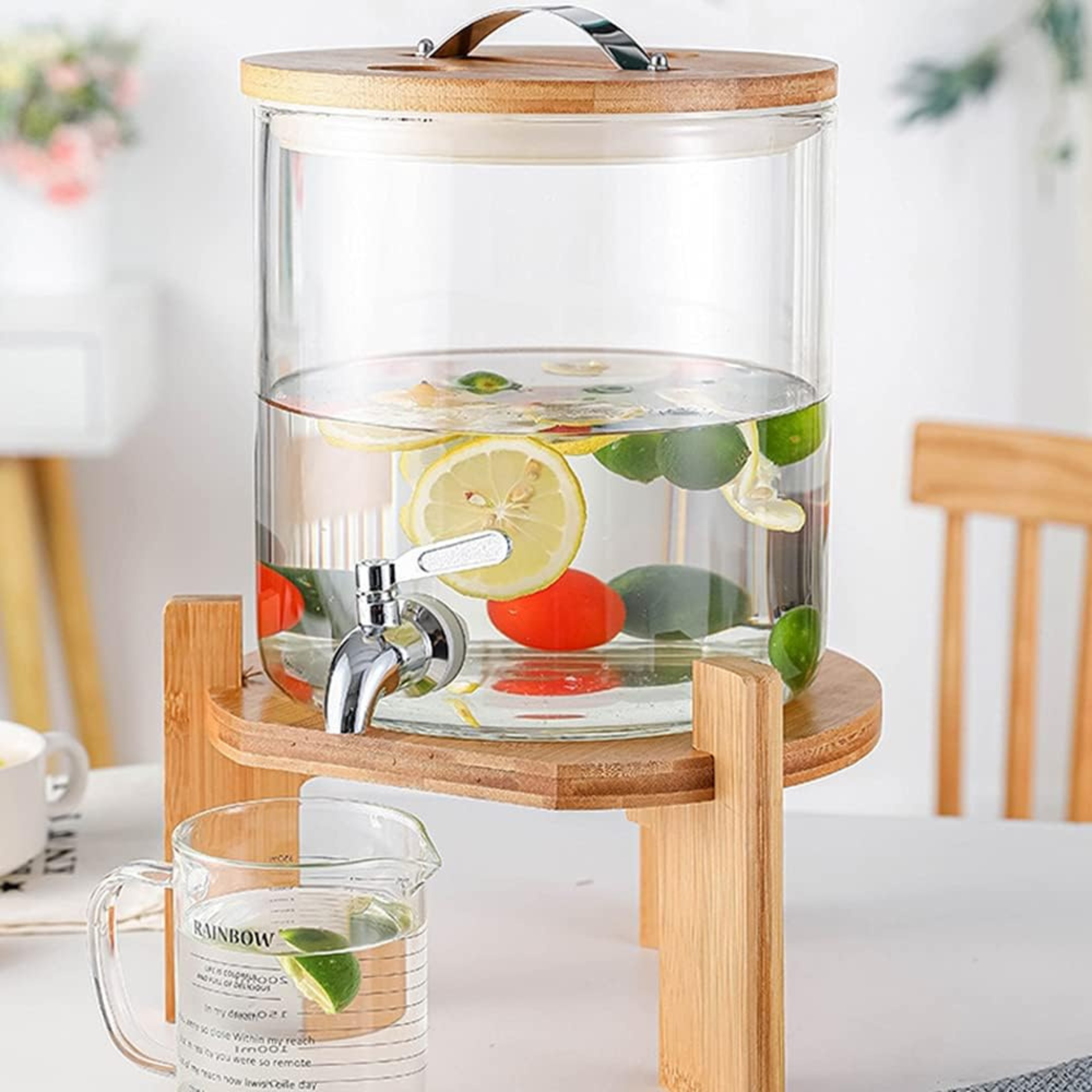 Premium Glass Beverage Dispenser with Bamboo Wooden Stand – 3L