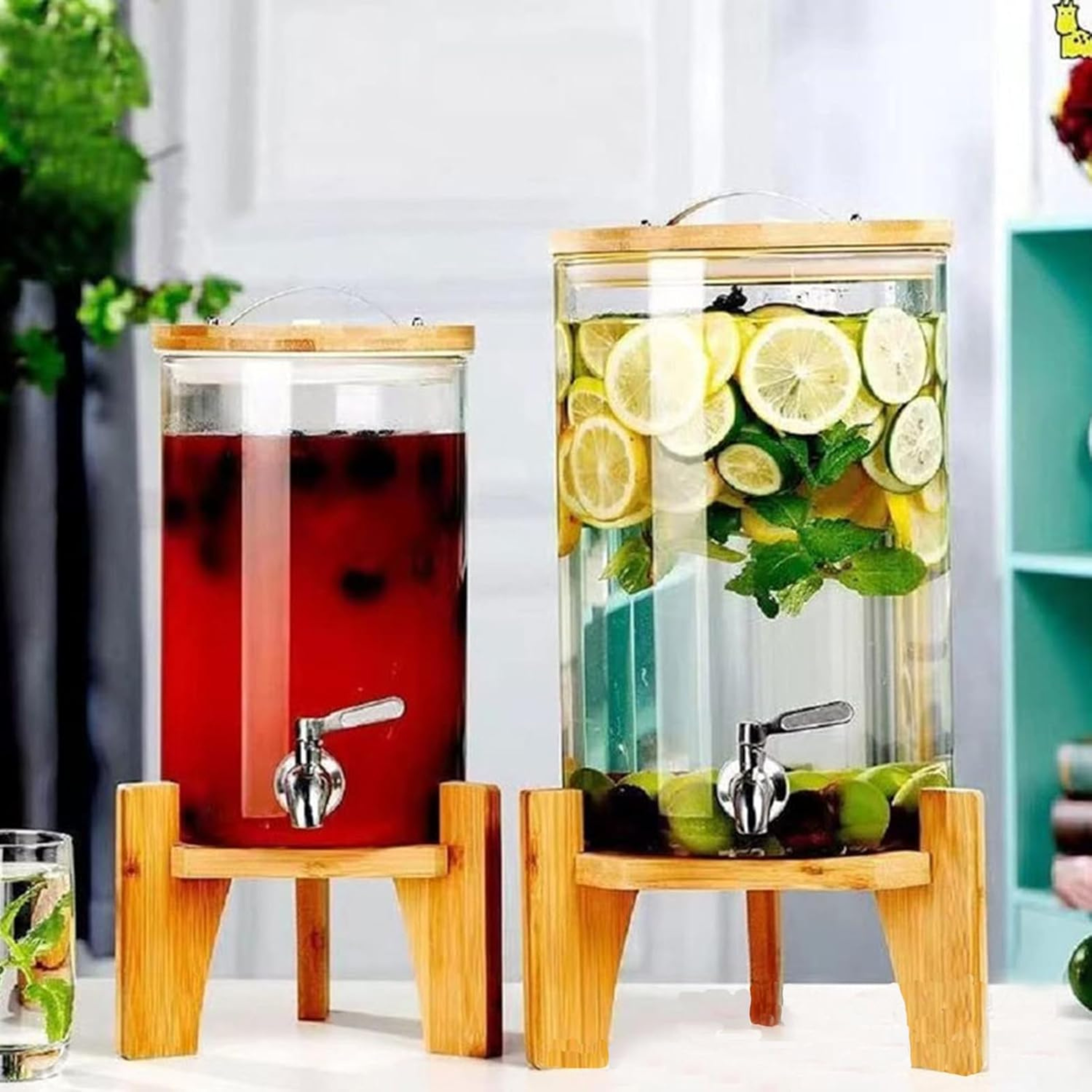 7L Glass Drink Dispenser with Wooden Stand | Elegant Beverage Server