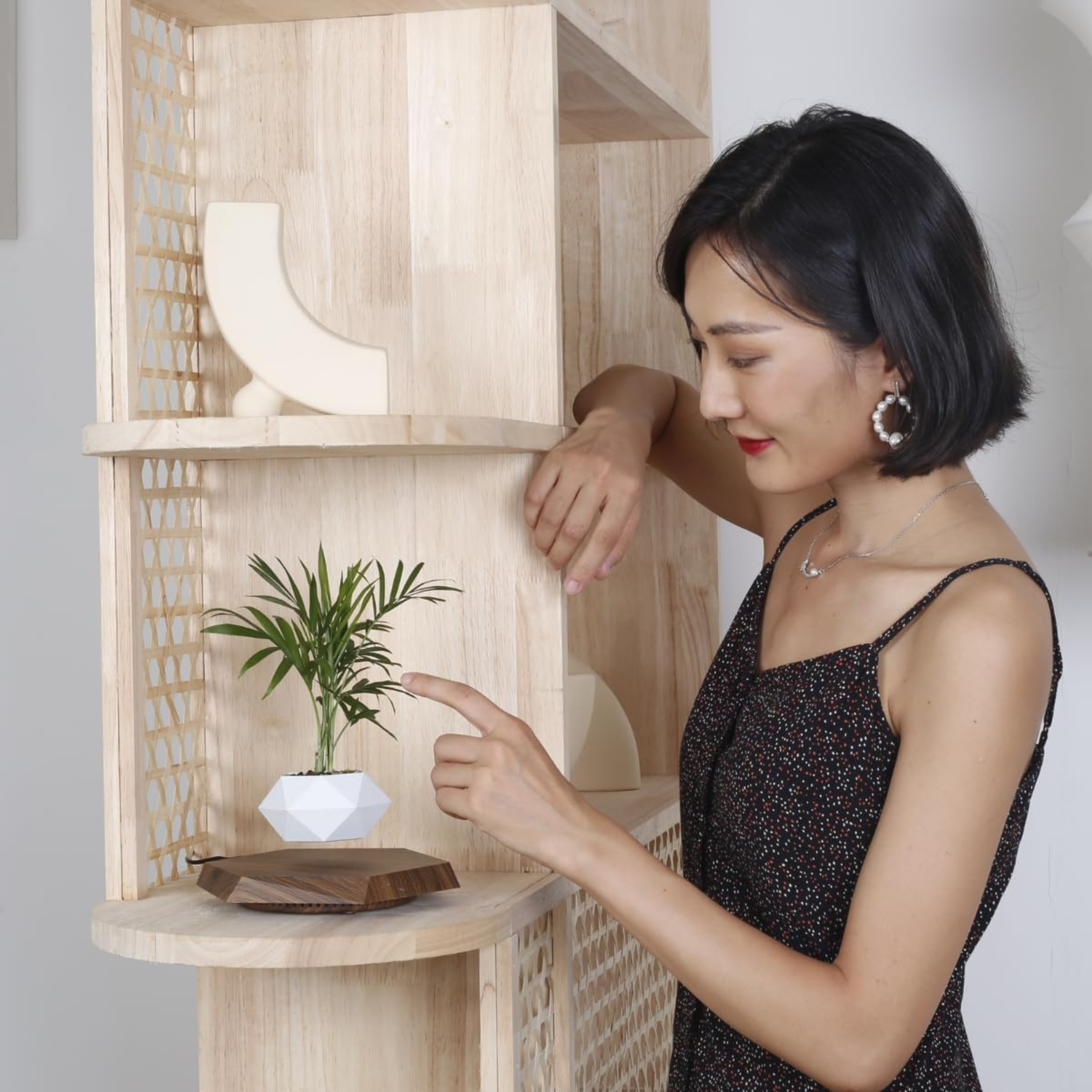 Levitating Flower Pot with Wood Base: Magnetic & 360° Rotating