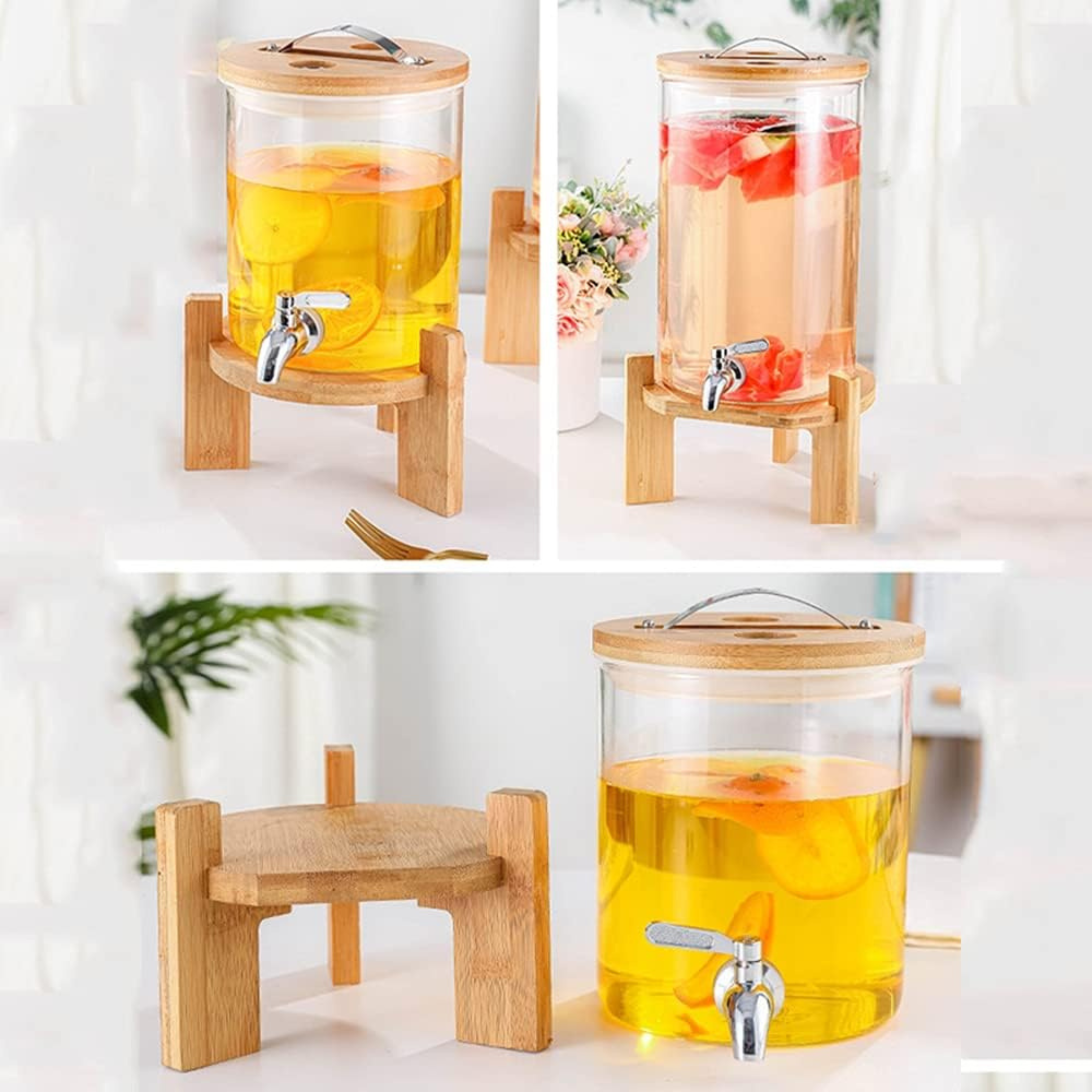 Premium Glass Beverage Dispenser with Bamboo Wooden Stand – 3L