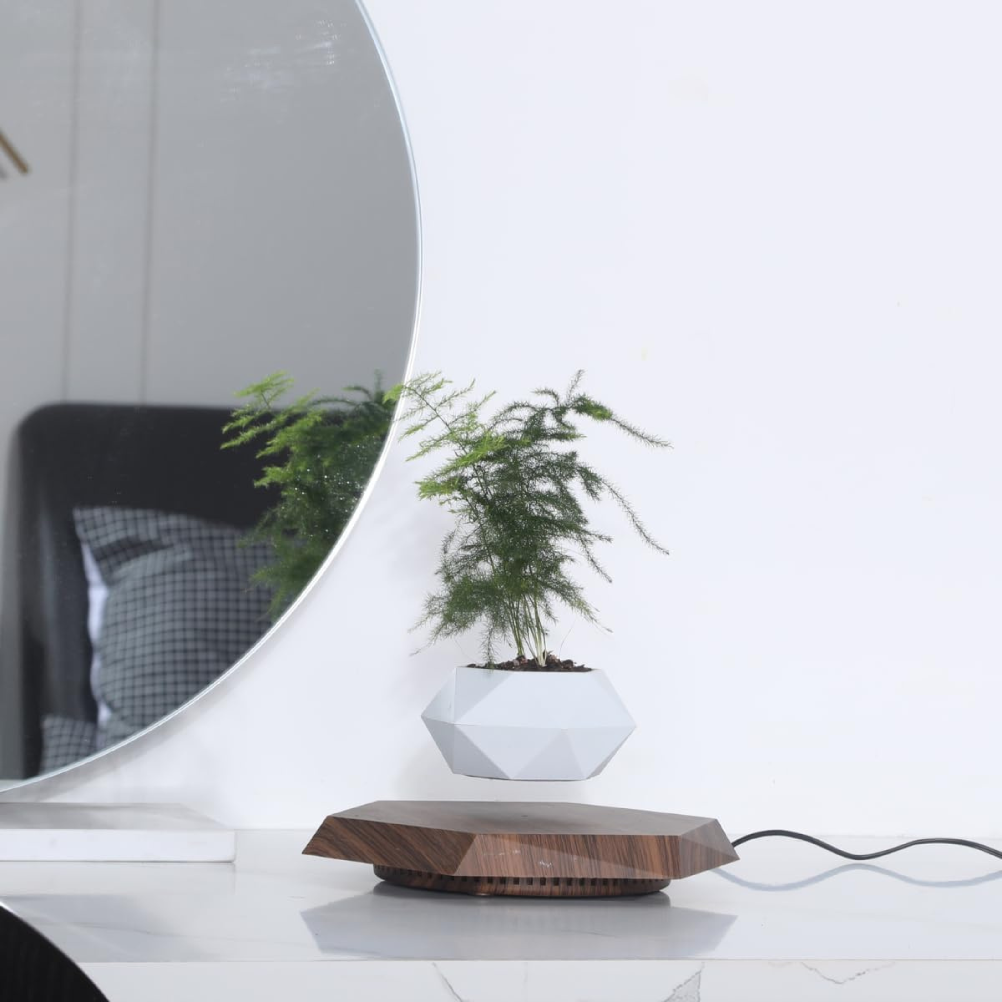 Levitating Flower Pot with Wood Base: Magnetic & 360° Rotating