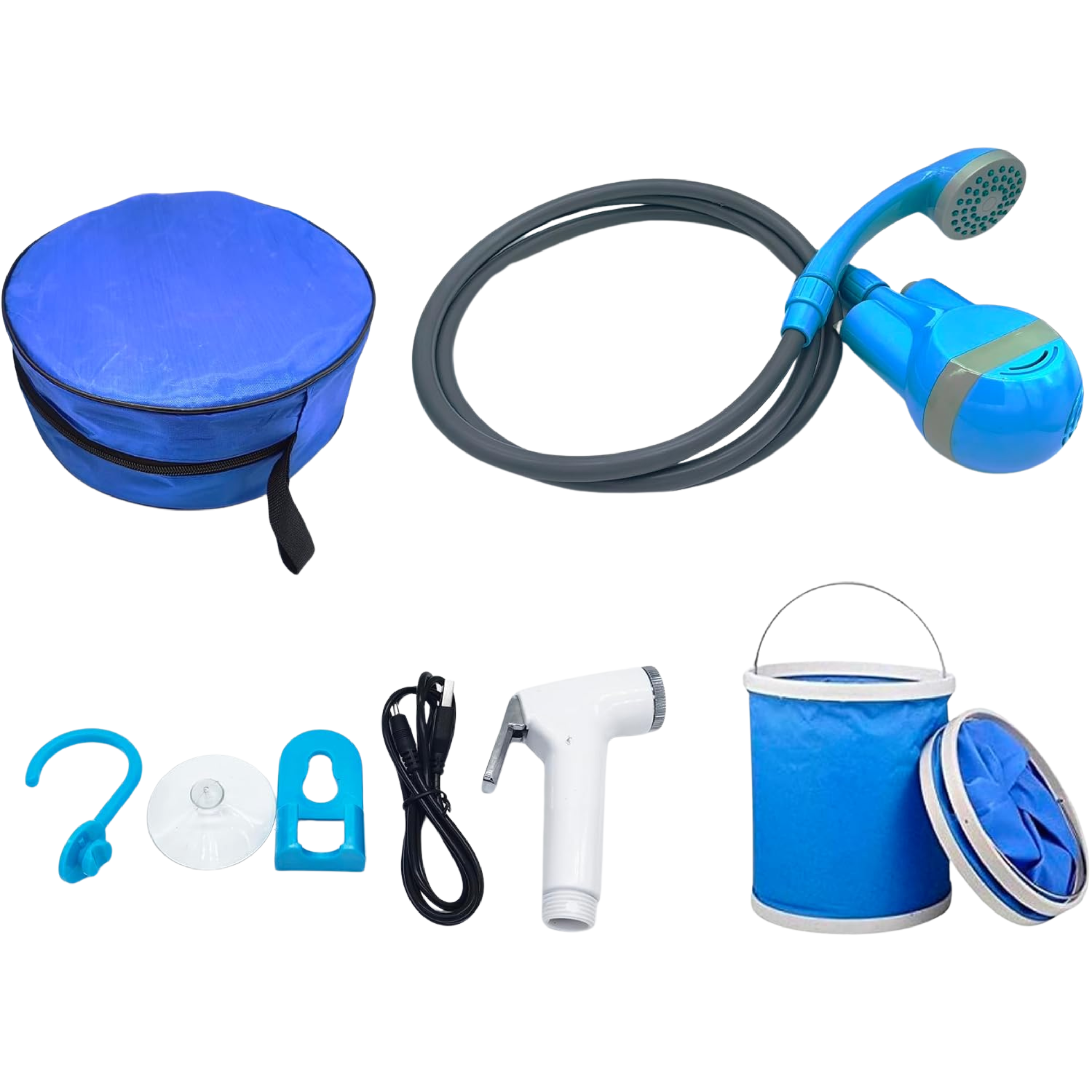 Camping shower with hose and pump