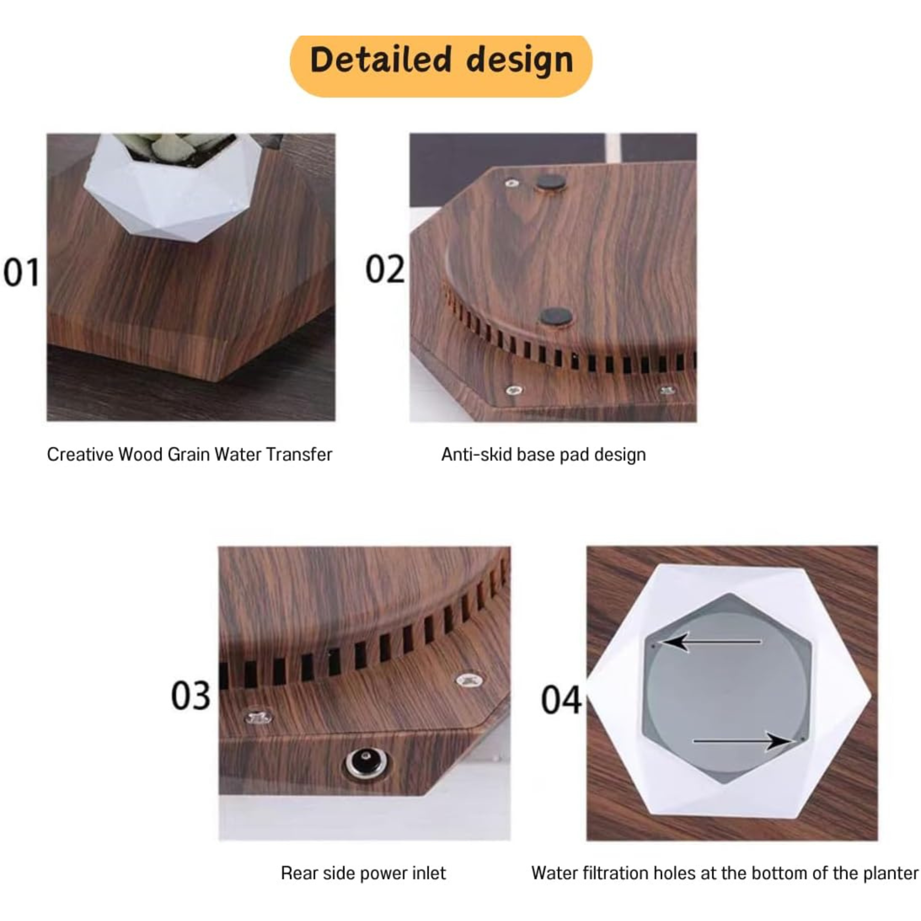 Levitating Flower Pot with Wood Base: Magnetic & 360° Rotating